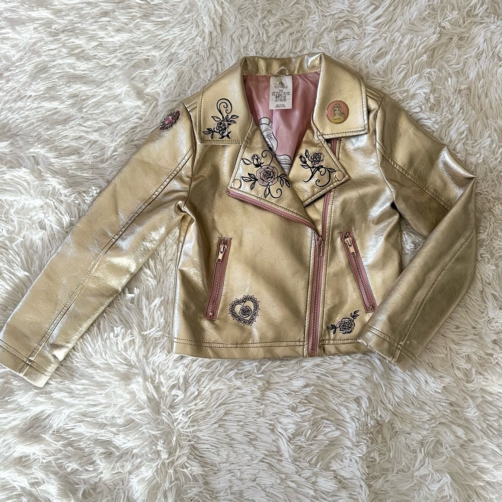 DISNEY Princess Belle Beauty & The Beast Faux Leather Moto Biker Jacket Size 5/6